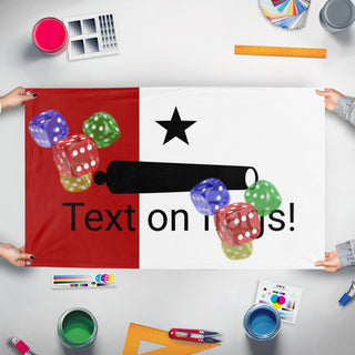 A mockup of the custom flag 'T flag' held up on a table during print checking