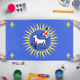 A mockup of the custom flag 'AGNVS DEI flag' held up on a table during print checking