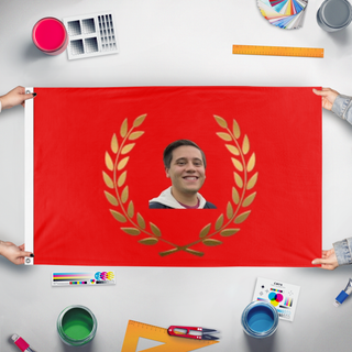 A mockup of the custom flag 'Prattaria flag' held up on a table during print checking