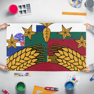 A mockup of the custom flag 'T flag' held up on a table during print checking