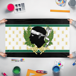 A mockup of the custom flag 'Imperu Federale Corsu flag' held up on a table during print checking