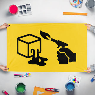 A mockup of the custom flag 'Ice Melt flag' held up on a table during print checking