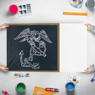 A mockup of the custom flag 'Marine Corp Regimental flag' held up on a table during print checking