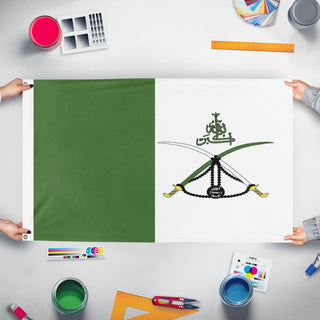 A mockup of the custom flag 'Islamic  flag' held up on a table during print checking