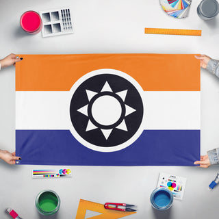A mockup of the custom flag 'United Confederation of Volavia flag' held up on a table during print checking