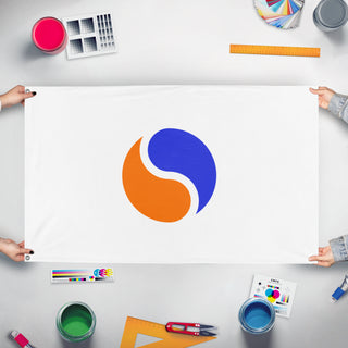 A mockup of the custom flag 'Kingdom of Hosanna flag' held up on a table during print checking