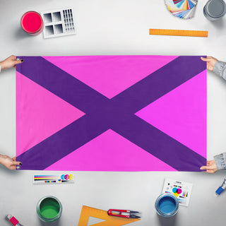 A mockup of the custom flag 'Pink Gang flag' held up on a table during print checking