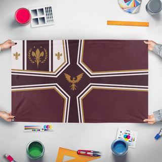 A mockup of the custom flag 'JER EMpire flag' held up on a table during print checking
