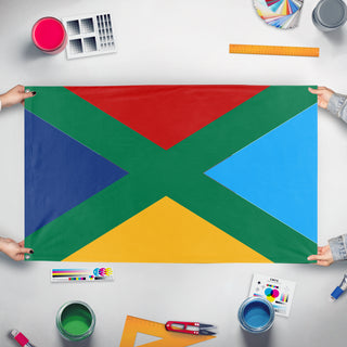 A mockup of the custom flag 'Green Gang  flag' held up on a table during print checking