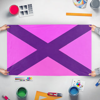 A mockup of the custom flag 'Pink Gang  flag' held up on a table during print checking