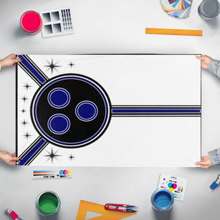 A mockup of the custom flag 'O.U.T.R flag' held up on a table during print checking