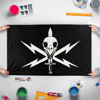 A mockup of the custom flag 'Custom flag' held up on a table during print checking