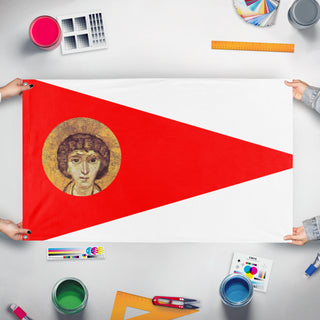 A mockup of the custom flag 'Ghassanid Kingdom flag' held up on a table during print checking