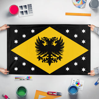 A mockup of the custom flag 'Danubian Federation flag' held up on a table during print checking