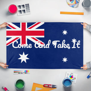 A mockup of the custom flag 'T Test 23 flag' held up on a table during print checking