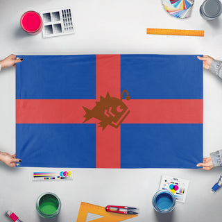 A mockup of the custom flag 'Wemoyne  flag' held up on a table during print checking