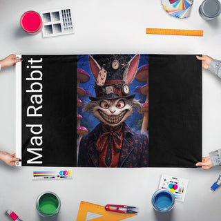 A mockup of the custom flag 'Mad Rabbit flag' held up on a table during print checking