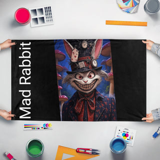 A mockup of the custom flag 'Mad Rabbit flag' held up on a table during print checking