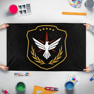 A mockup of the custom flag 'Terran Republic flag' held up on a table during print checking