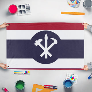 A mockup of the custom flag 'People's Republic of Thiland flag' held up on a table during print checking