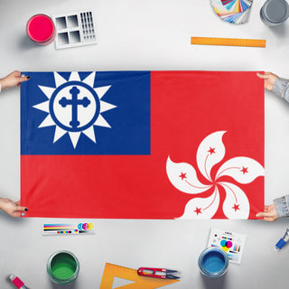 A mockup of the custom flag 'Hong kong under the Republi of China flag' held up on a table during print checking