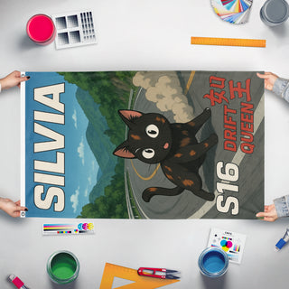 A mockup of the custom flag 'silvia flag' held up on a table during print checking