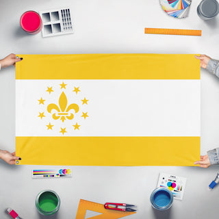 A mockup of the custom flag 'Golden Circle  flag' held up on a table during print checking
