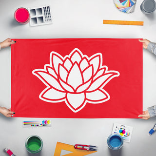 A mockup of the custom flag 'Kalmyk ground forces flag' held up on a table during print checking