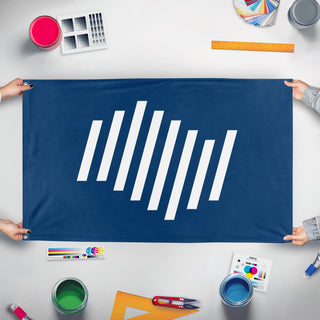 A mockup of the custom flag 'Nordic Union Doomsday flag' held up on a table during print checking