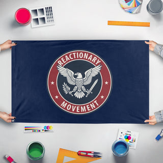 A mockup of the custom flag 'Reactionary flag' held up on a table during print checking