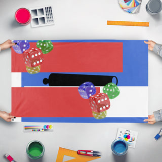 A mockup of the custom flag 'T flag' held up on a table during print checking