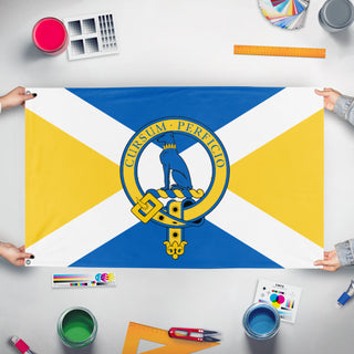 A mockup of the custom flag 'Hunter flag' held up on a table during print checking