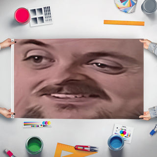 A mockup of the custom flag 'd flag' held up on a table during print checking