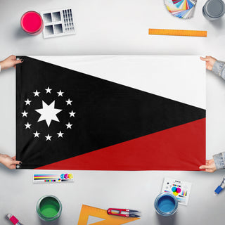 A mockup of the custom flag 'Workers party of Pluto  flag' held up on a table during print checking
