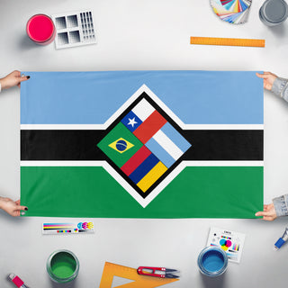 A mockup of the custom flag 'South Atlantic Command Orbital Militia flag' held up on a table during print checking