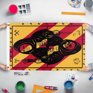 A mockup of the custom flag 'Iwpd  flag' held up on a table during print checking