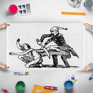 A mockup of the custom flag 'angelwings flag' held up on a table during print checking