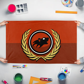 A mockup of the custom flag 'Rat Flag' held up on a table during print checking