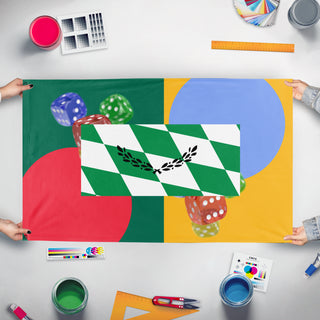 A mockup of the custom flag 'T flag' held up on a table during print checking