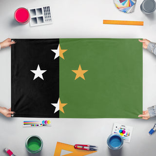 A mockup of the custom flag 'ANZ stars and stripe flag' held up on a table during print checking
