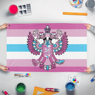 A mockup of the custom flag 'Femboy Russia Pride flag' held up on a table during print checking