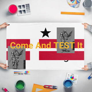 A mockup of the custom flag 'T flag' held up on a table during print checking