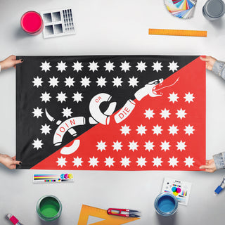 A mockup of the custom flag 'New York Syndicate Naval flag' held up on a table during print checking