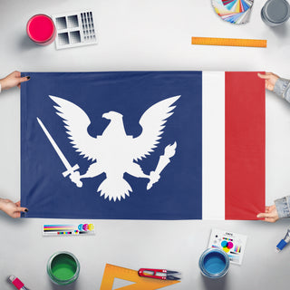 A mockup of the custom flag 'American Union State flag' held up on a table during print checking