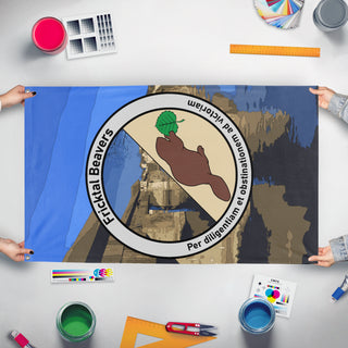 A mockup of the custom flag 'Fricktal Beavers flag' held up on a table during print checking