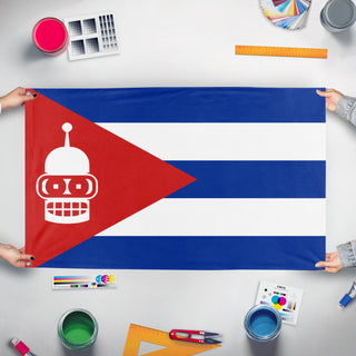 A mockup of the custom flag 'BendCuba flag' held up on a table during print checking