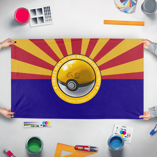 A mockup of the custom flag 'Umoria flag' held up on a table during print checking