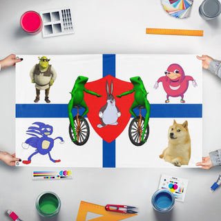 A mockup of the custom flag 'Dankia flag' held up on a table during print checking