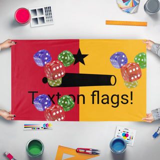 A mockup of the custom flag 'T flag' held up on a table during print checking