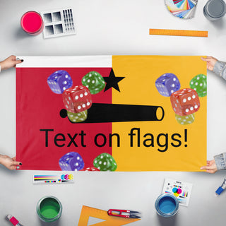A mockup of the custom flag 'T flag' held up on a table during print checking